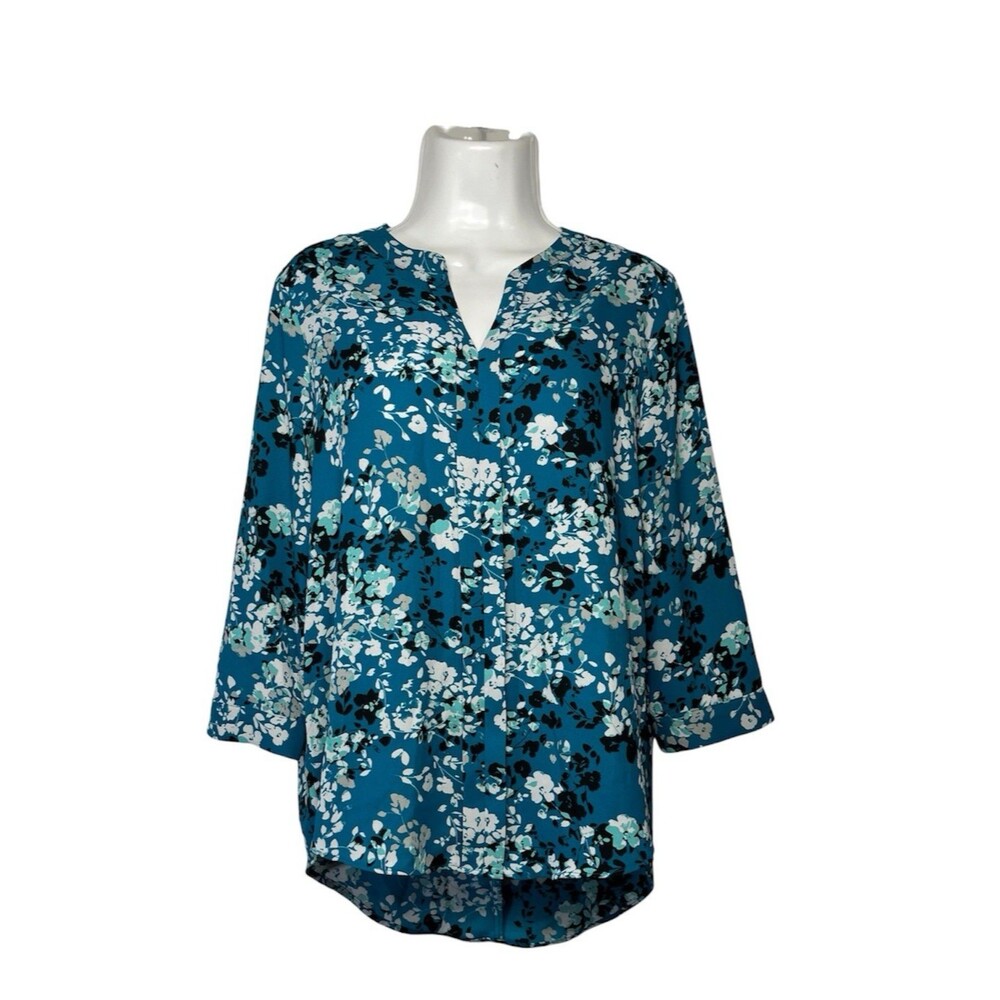 Dana Buchman Womens Medium Blouse Blue Floral Split V-Neck 3/4 Sleeve Top Office